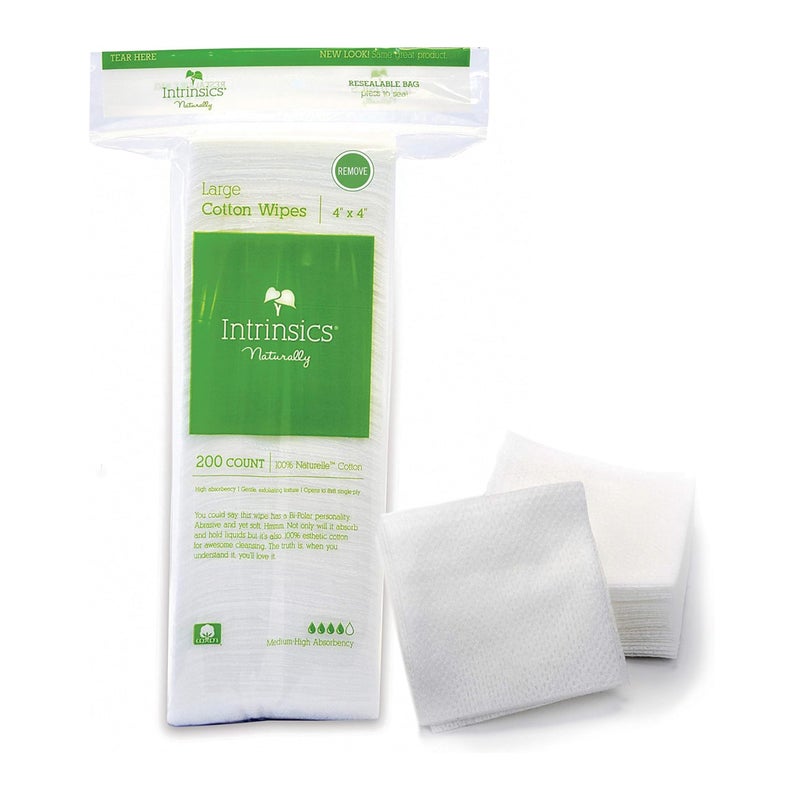 Intrinsics Large Cotton Squares (200 Count) â€“ 4x4â€ 8-Ply Medium-High Absorbency Pads, Lint-Free Hypoallergenic Cotton for Face, Makeup Removal, Skincare, and Spa Use - Image 1